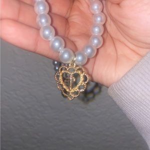 Heart shape with cross inside necklace | pearls